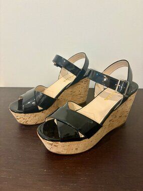 👡 🖤PRADA Vernice Black Patent Leather Cork Wedge Platform Sandals -Size 7.5